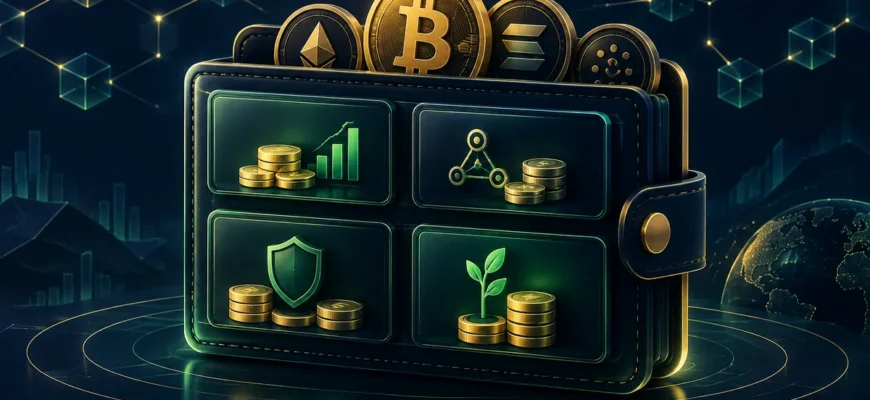 Ilustração de uma carteira cripto com reservas separadas para operação, taxas, contingência e longo prazo.
