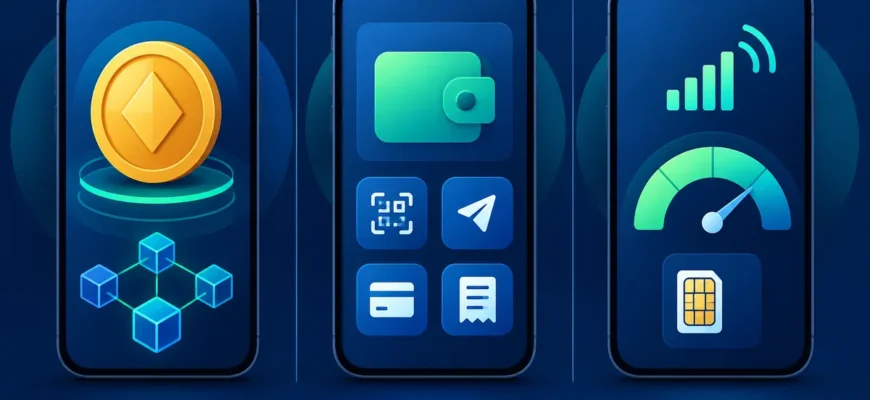 Três celulares ilustram saldos distintos: stablecoin, conta de pagamento e crédito de telefonia.