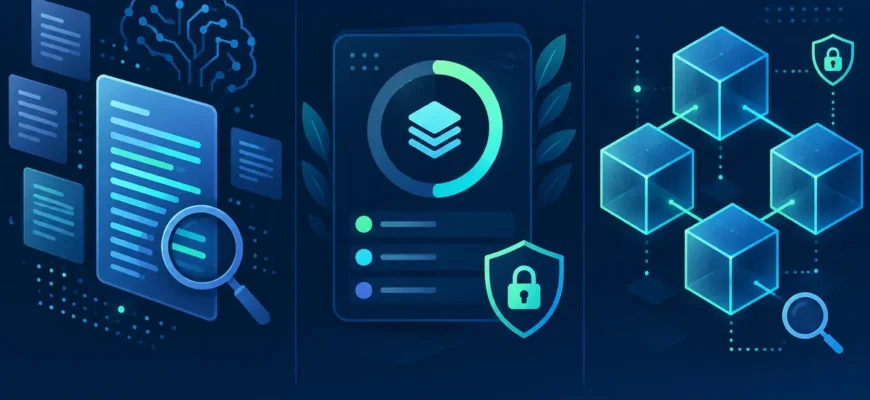 Ilustração comparando unidades de processamento de IA, créditos de serviços digitais e ativos registrados em blockchain.