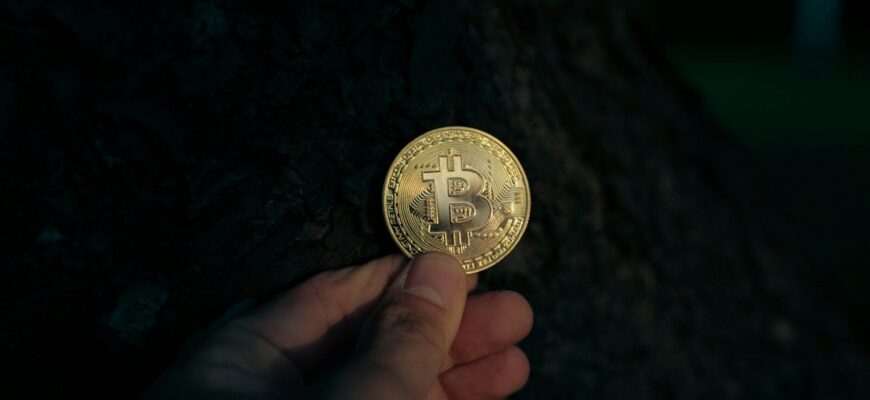 A hand holds a gold bitcoin.